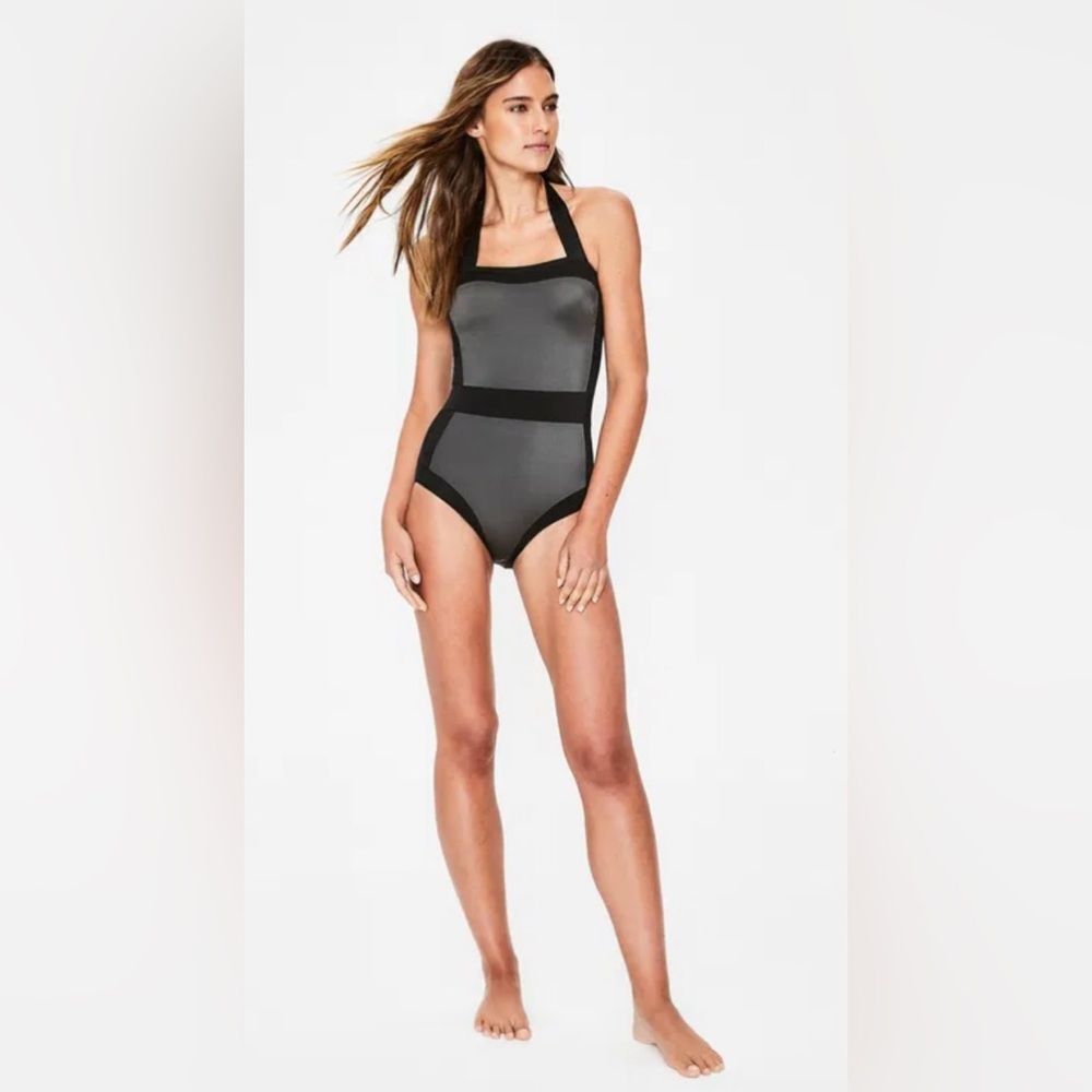 BODEN Santorini Black & Tan Body Sculpting Slimming Halter One Piece Swimsuit 12